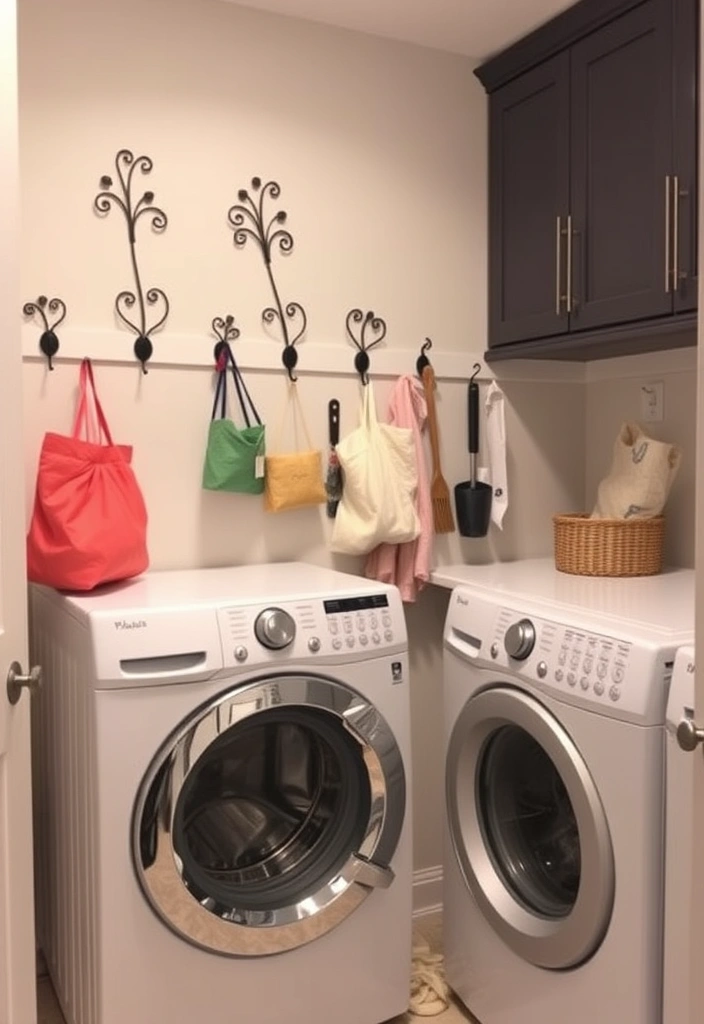 21 Laundry Room Organization Ideas That Will Make You Excited to Do Laundry! - 13. Decorative Hooks and Racks